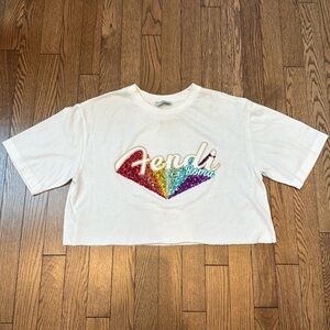 Fendi rainbow sequin cropped t shirt